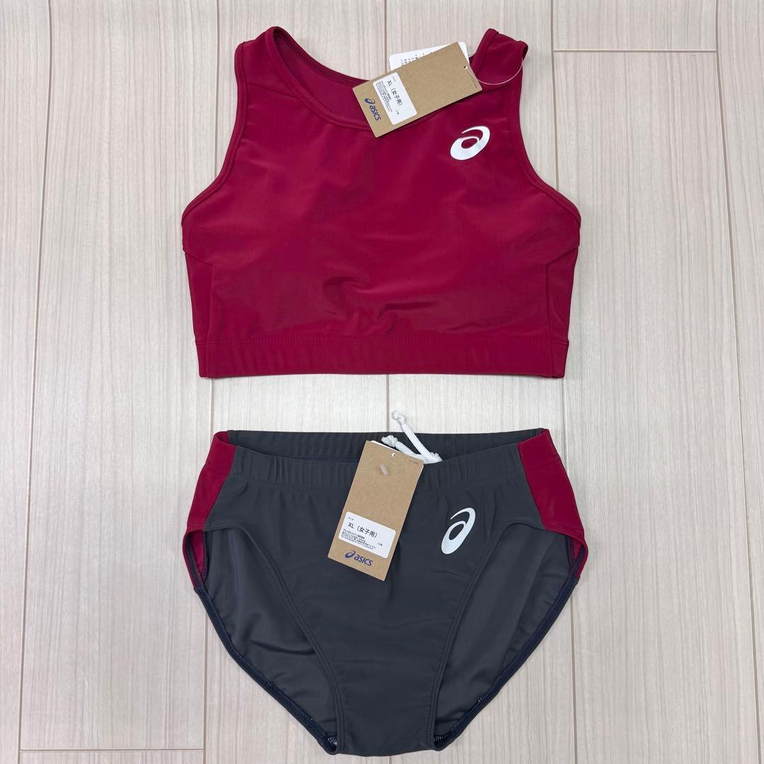 アシックス　女子陸上ユニフォーム上下セット　エンジ×ダークグレー　XLサイズ