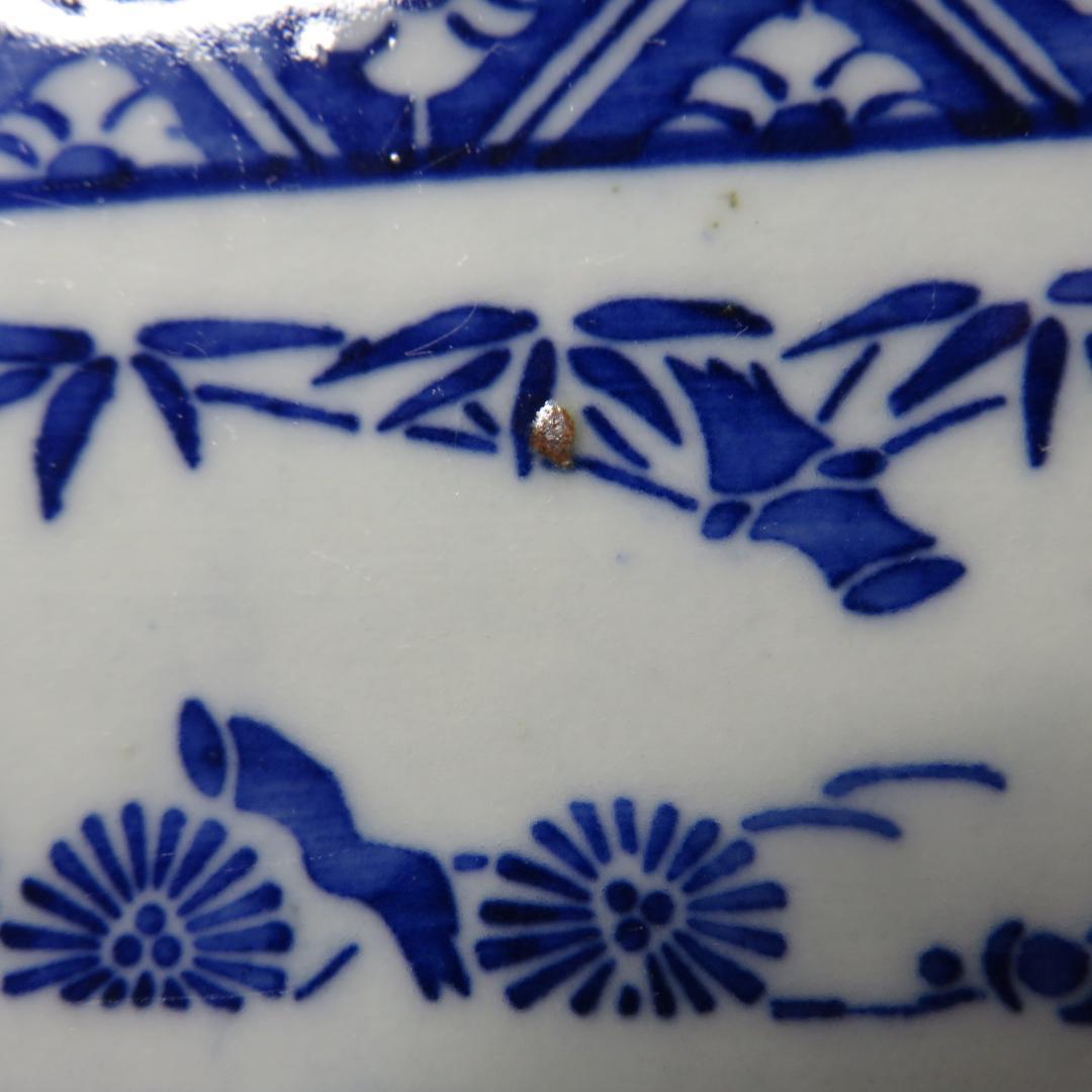 角皿 角長皿 印判 染付 微塵唐草 明治 大正 ベロ藍 松竹梅 窯傷