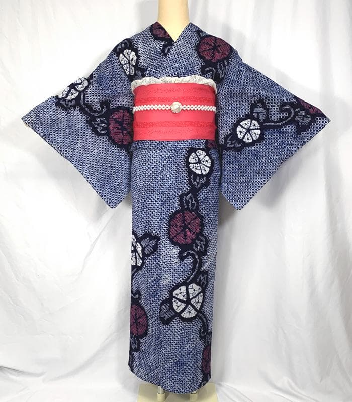 〇【最終値下げ】405mk74〇有松鳴海絞り 浴衣 蜘蛛絞り 朝顔〇しつけ付き