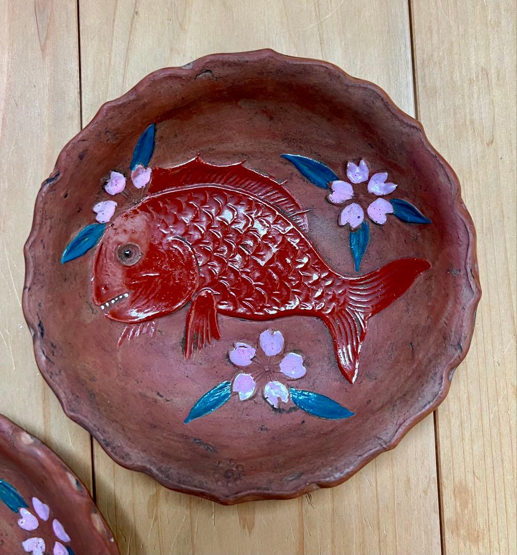 せんべい皿　鯛の図B 5枚セット　絵備前　色備前　備前焼　小皿　アンティーク
