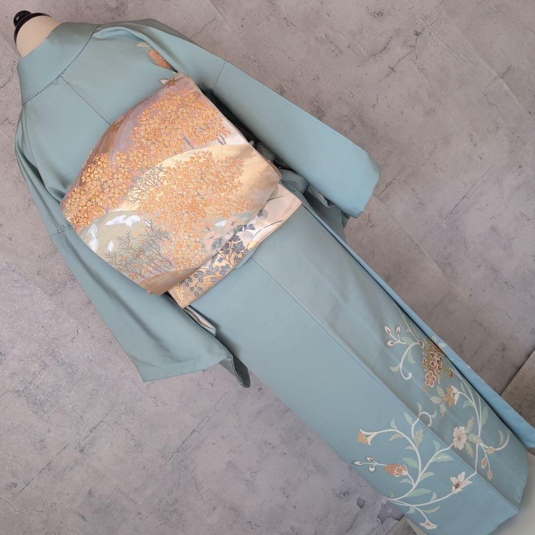 訪問着　フルセット　着物　正絹　淡い青緑　金彩加工　洋花　優美　爽やか　B2