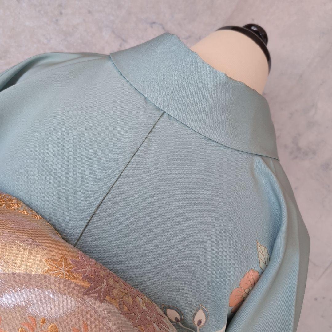 訪問着　フルセット　着物　正絹　淡い青緑　金彩加工　洋花　優美　爽やか　B2