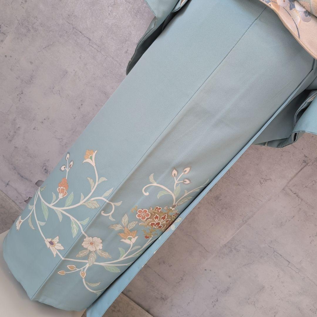 訪問着　フルセット　着物　正絹　淡い青緑　金彩加工　洋花　優美　爽やか　B2