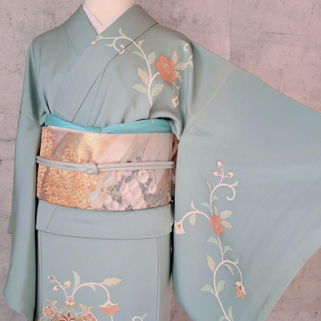 訪問着　フルセット　着物　正絹　淡い青緑　金彩加工　洋花　優美　爽やか　B2