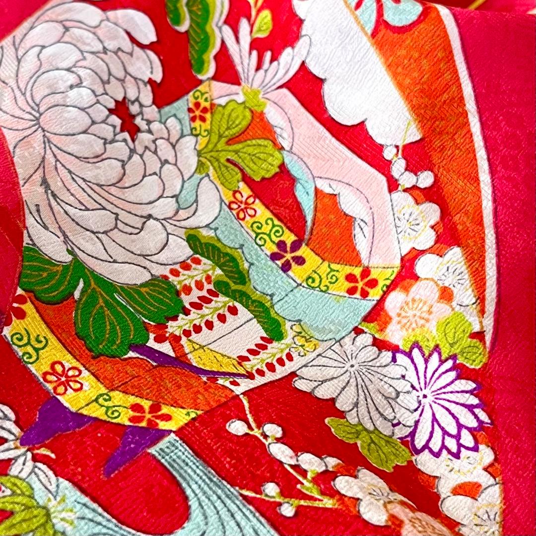 正絹 アンティーク着物 レトロ着物 ☆羽子板 地紙 七五三 【しつけ糸付】