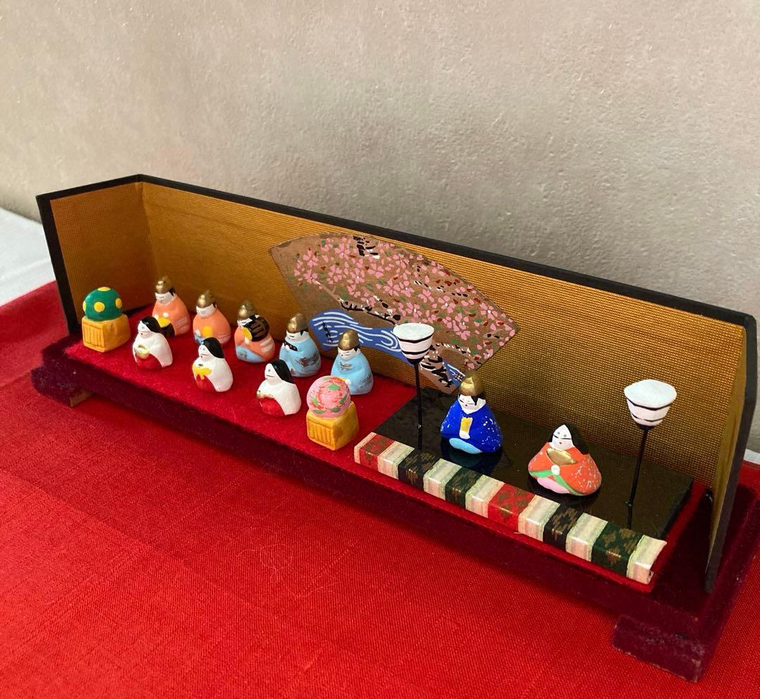 ひな祭り　希少　豆雛　紬の敷物　花入