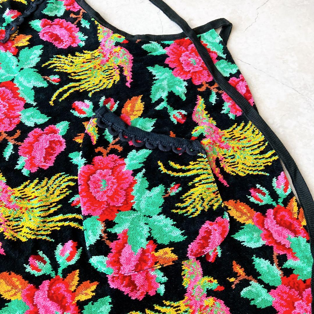 未使用美品＊ FEILER フェイラー エプロン 花 鳥 ドイツ製生地 黒