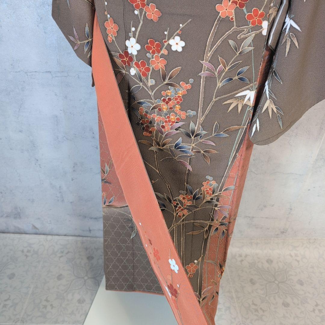 訪問着　フルセット　着物　正絹　ブラウン橙　金駒刺繍　花　O6