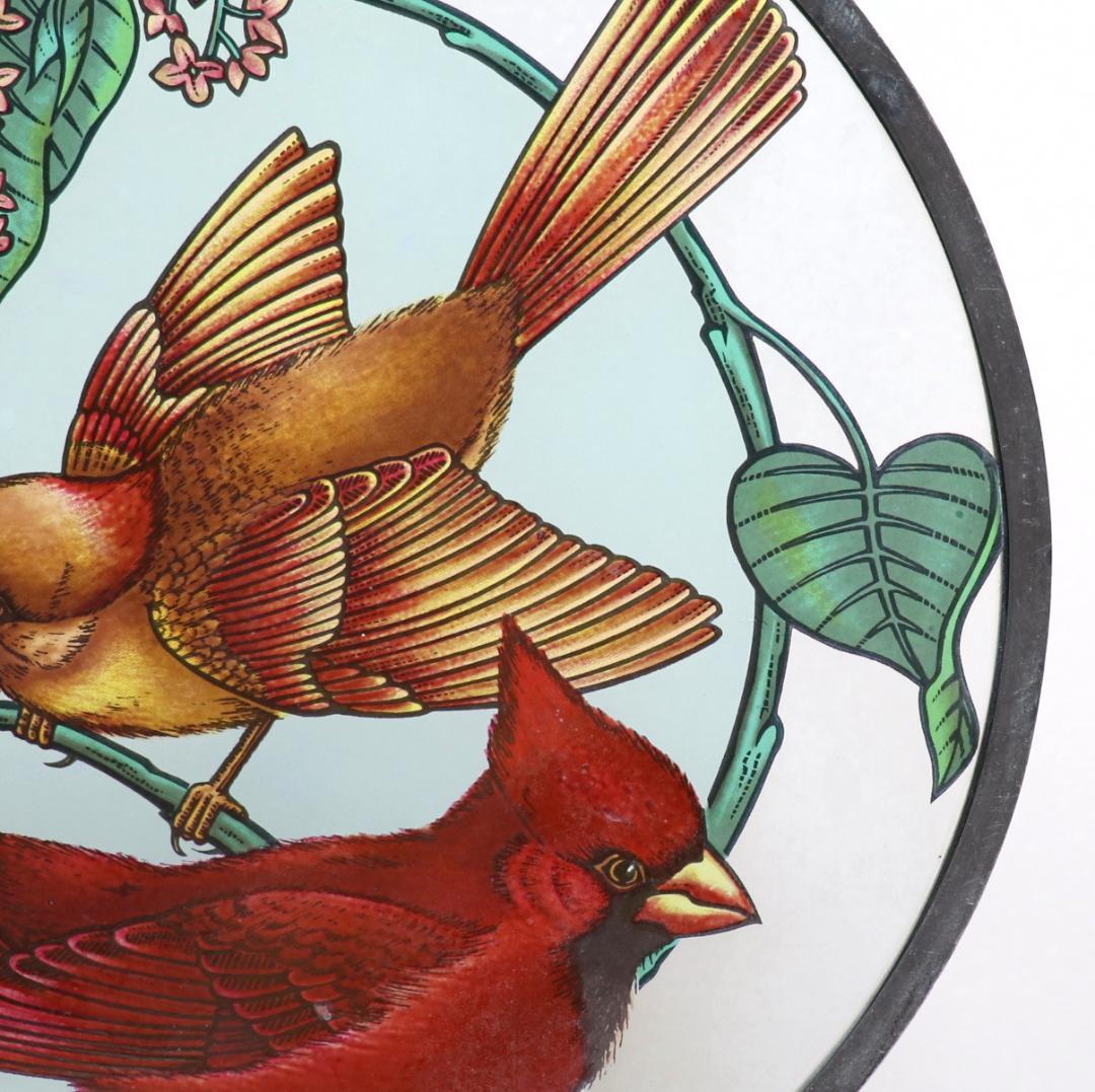 大型 赤と黄の二羽のショウジョウコウカンチョウ ヴィンテージ ステンドグラス 鳥