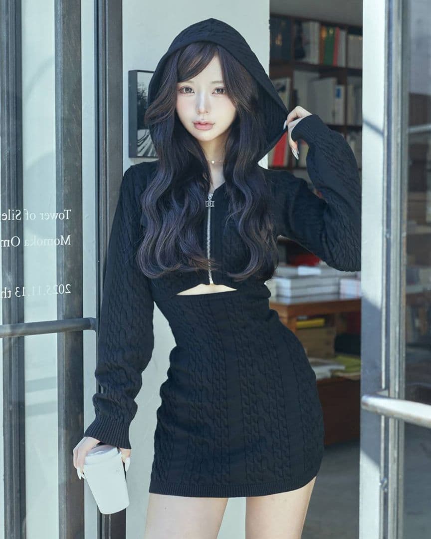 ダーリッチ オープンケーブルニットミニワンピース BLK ◇ Free