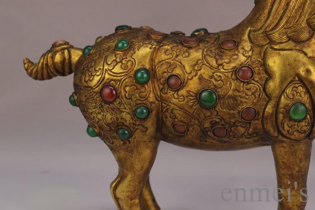 中国古美術 旧蔵 鍍金銅馬 精銅製 鍍金装飾 彫刻馬像 置物 純手作り 古美味