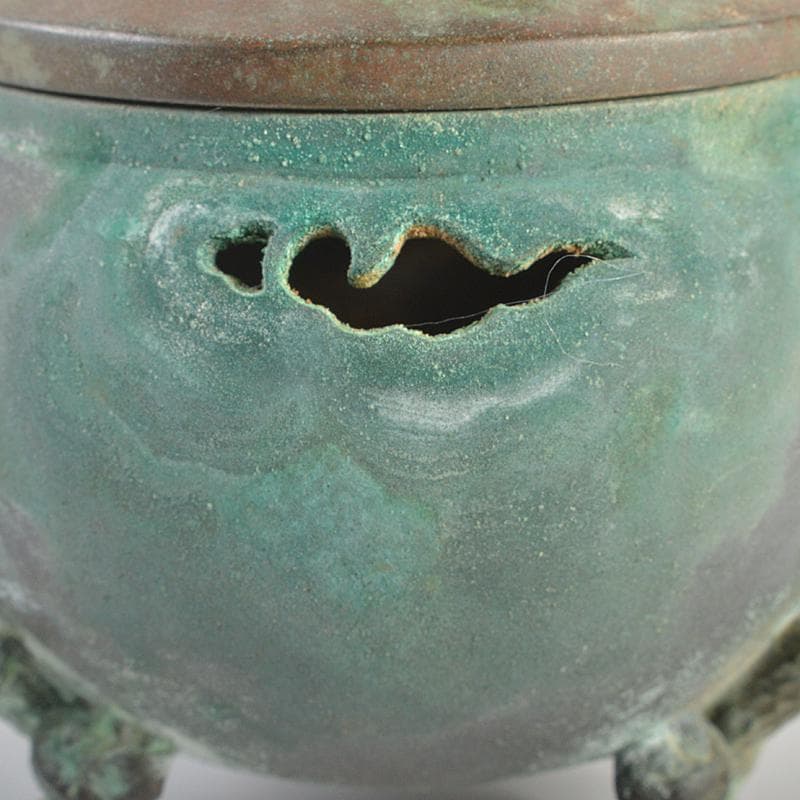平安　秦蔵六造　青銅　鹿摘　霊芝三つ足香炉　共箱　M　R7402
