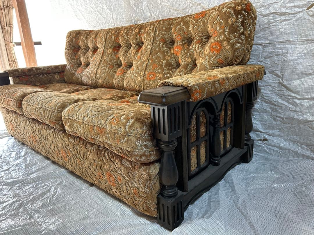 アサヒ木工　アンティーク金華山3Pソファ　昭和レトロ