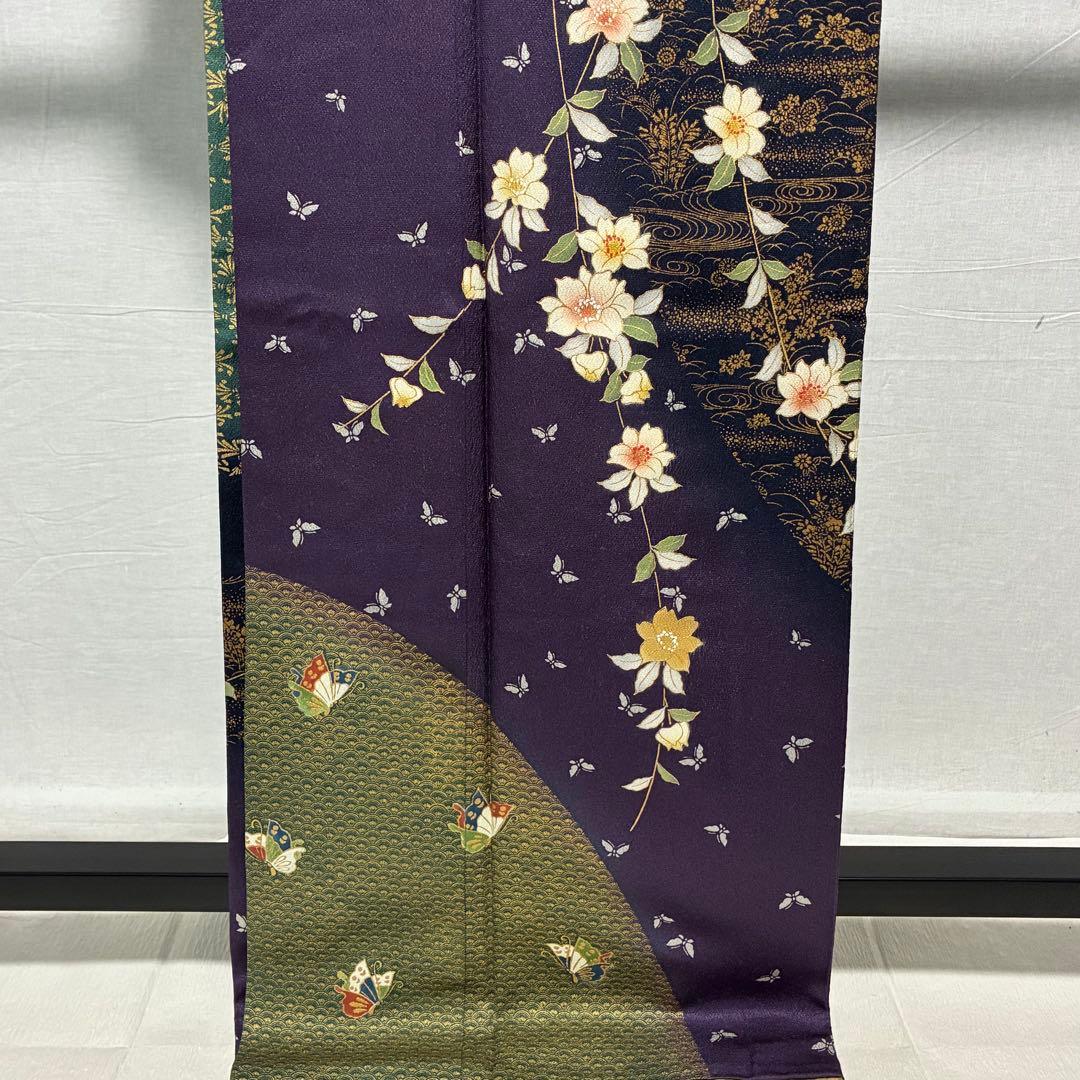 D88 訪問着 花模様 蝶々 流水 金彩 正絹 着物 袷 極美品