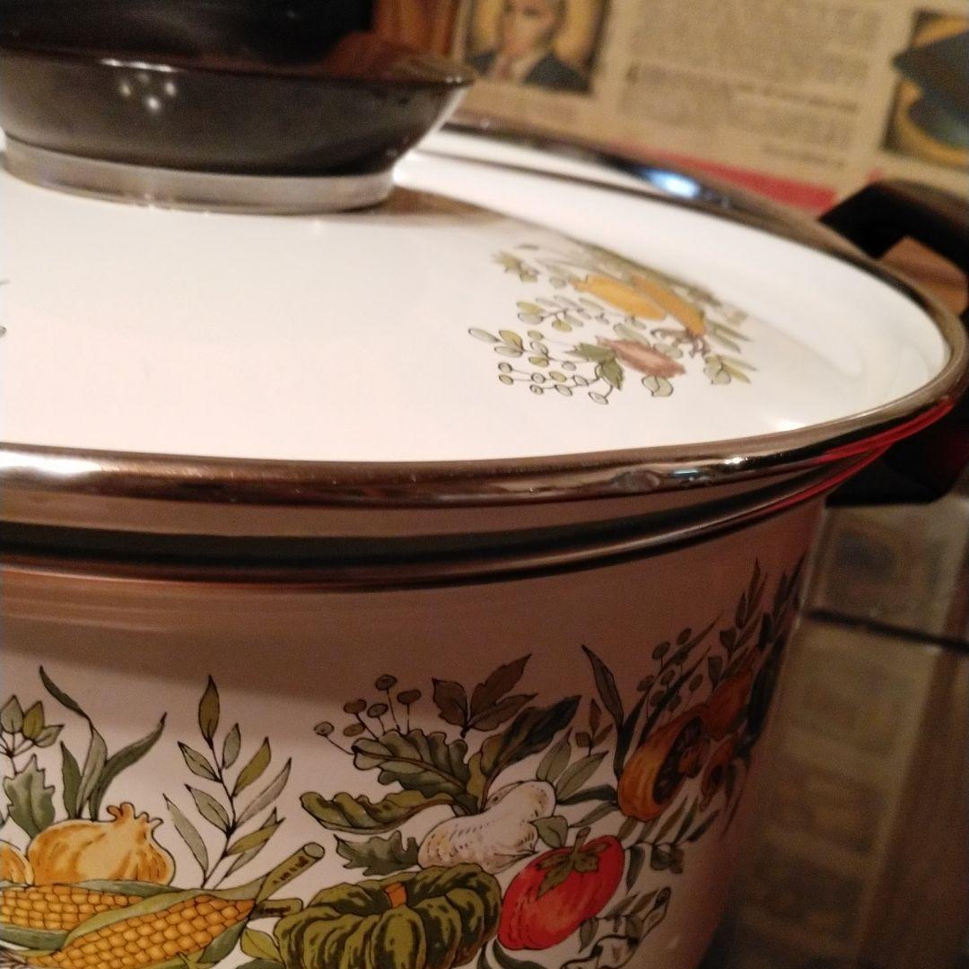 確認用♥️マルビシ♥️パイレックス♥️野菜柄♥️ホーロー鍋♥️レトロ鍋♥️硝子