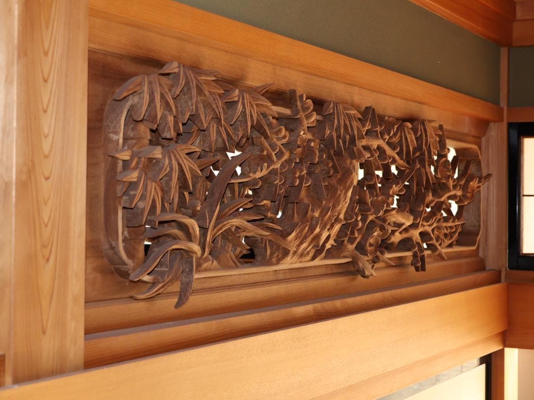 BK194　越中井波彫刻　名工　前川正治 作　四君子図　欄間　一対　細密彫刻