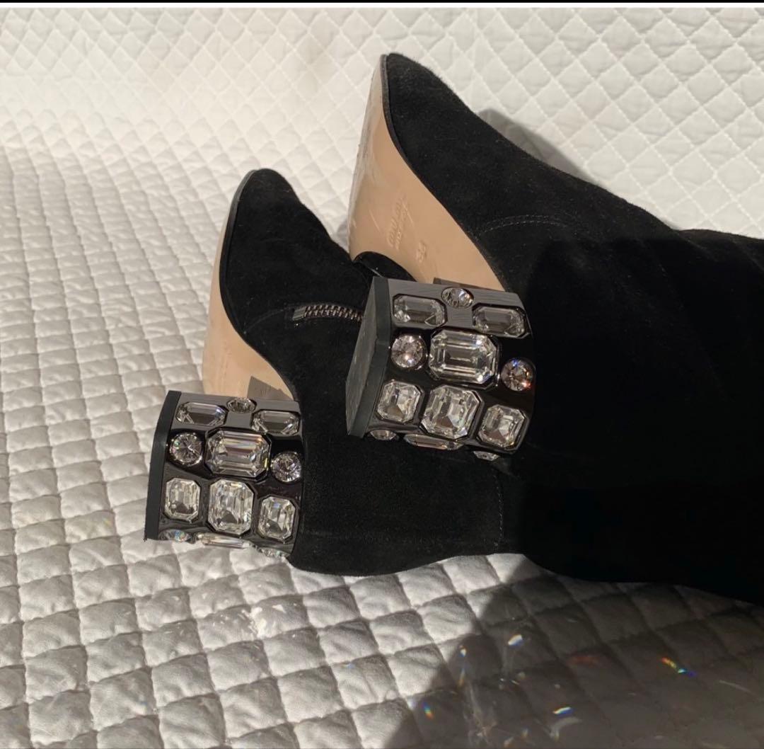 ミュウミュウ　ビジュー付き　スエード　ロングブーツ