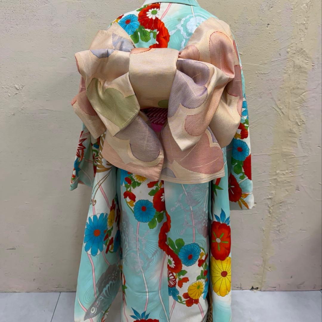 No.k001 七五三 7歳 着物 フルセット 水色 レトロ柄 ※シミあり