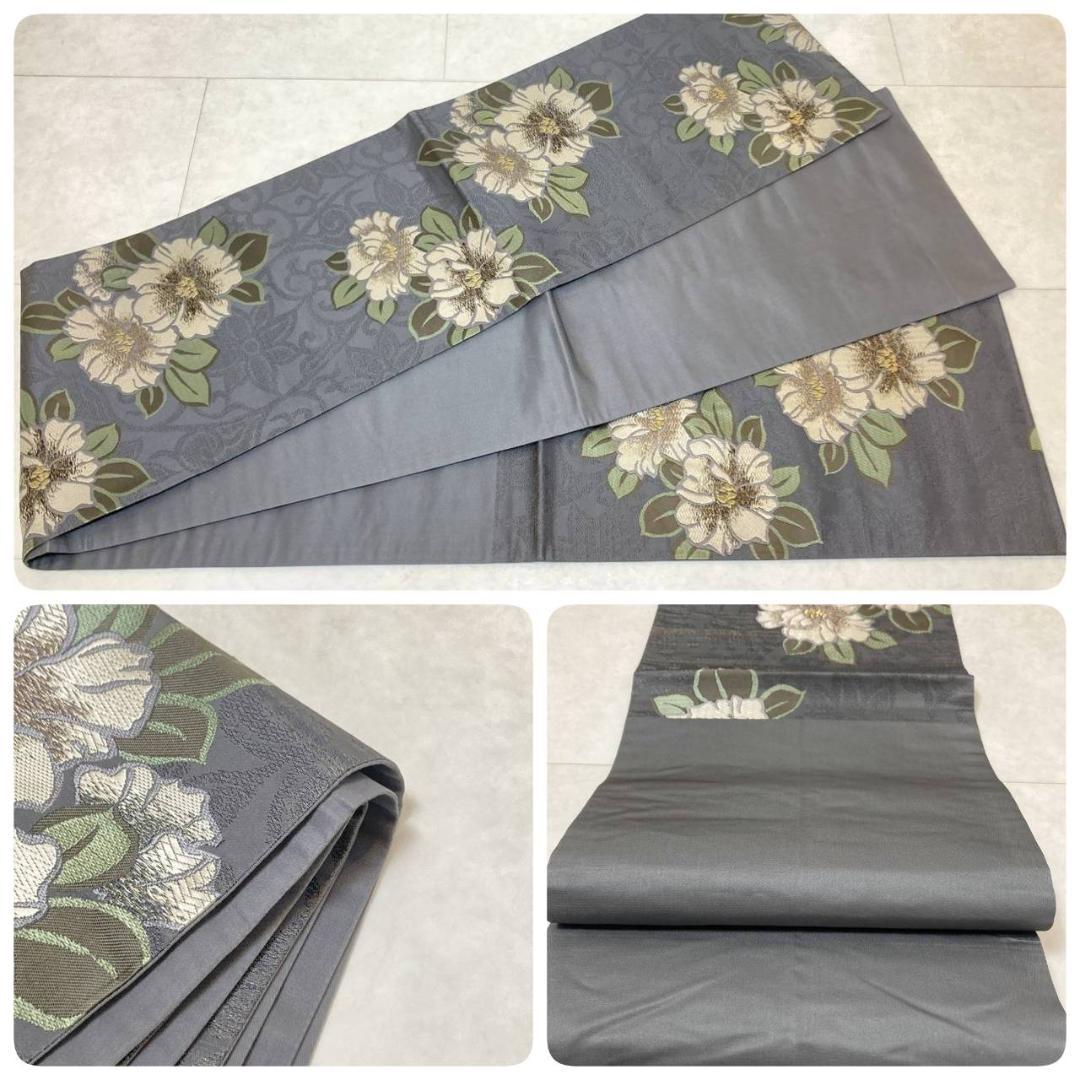 唐織り 金通し 椿 唐花 正絹 金糸 袋帯 黒 グレー 白 緑 709