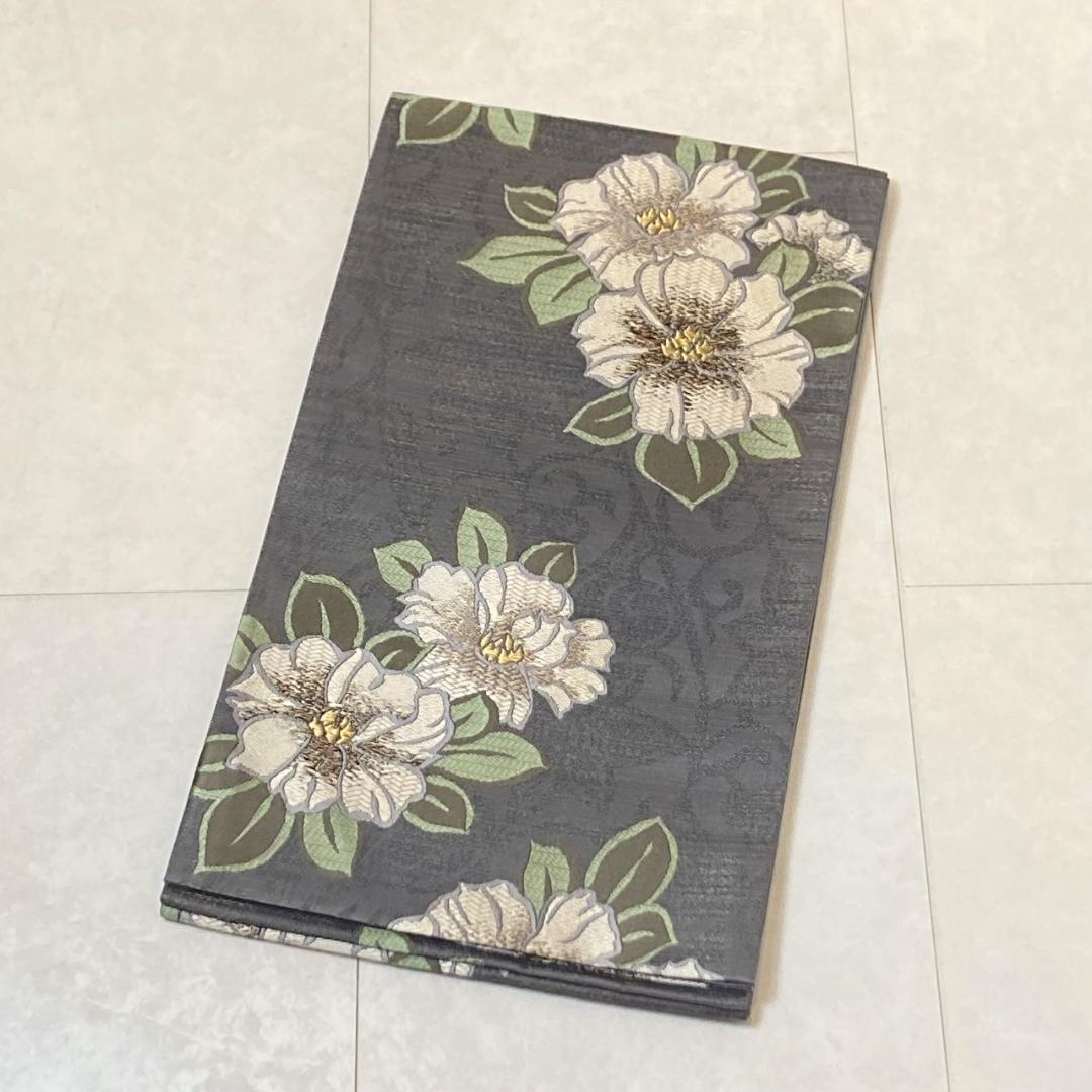 唐織り 金通し 椿 唐花 正絹 金糸 袋帯 黒 グレー 白 緑 709