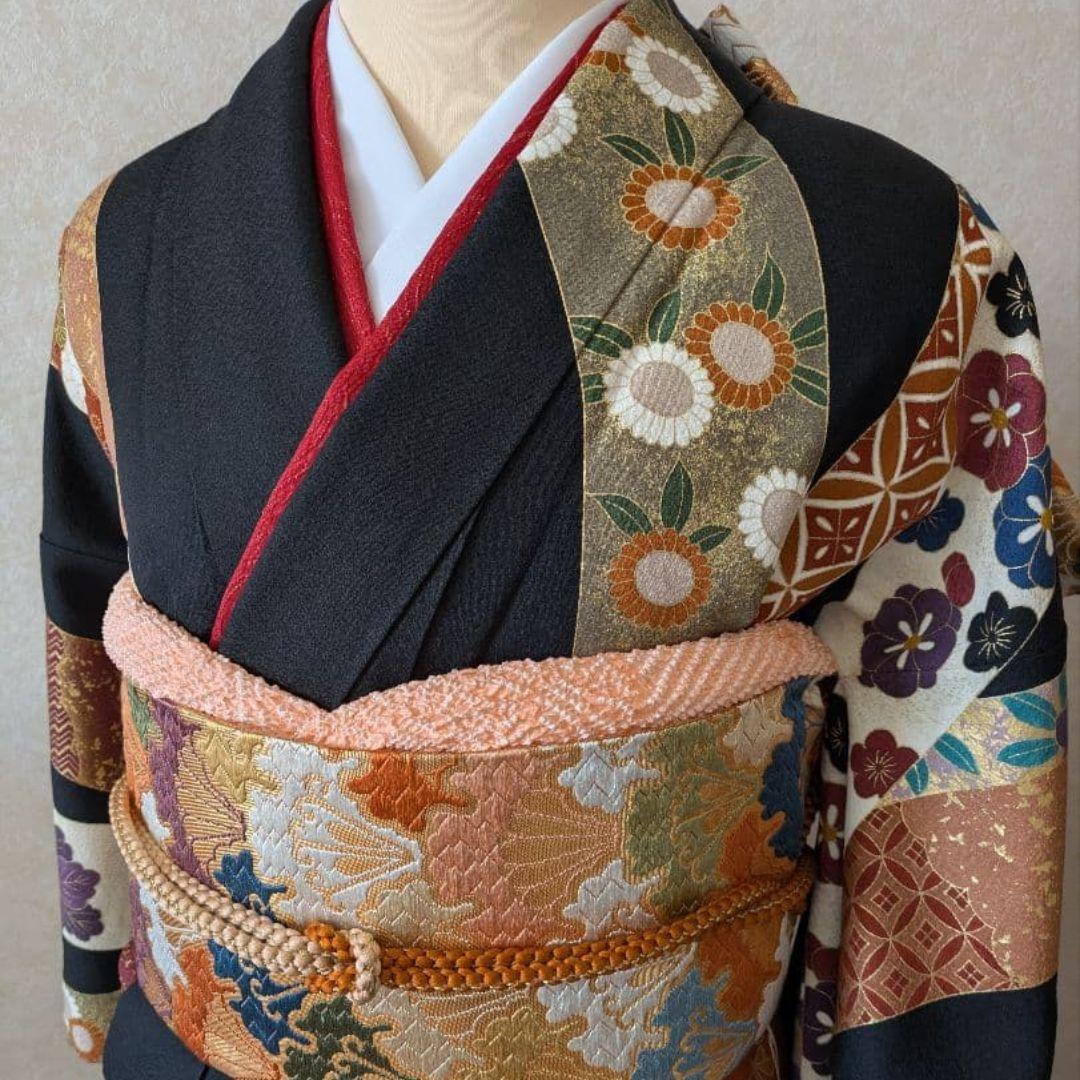振袖　セット　正絹　成人式　古典柄　黒　長襦袢　袋帯