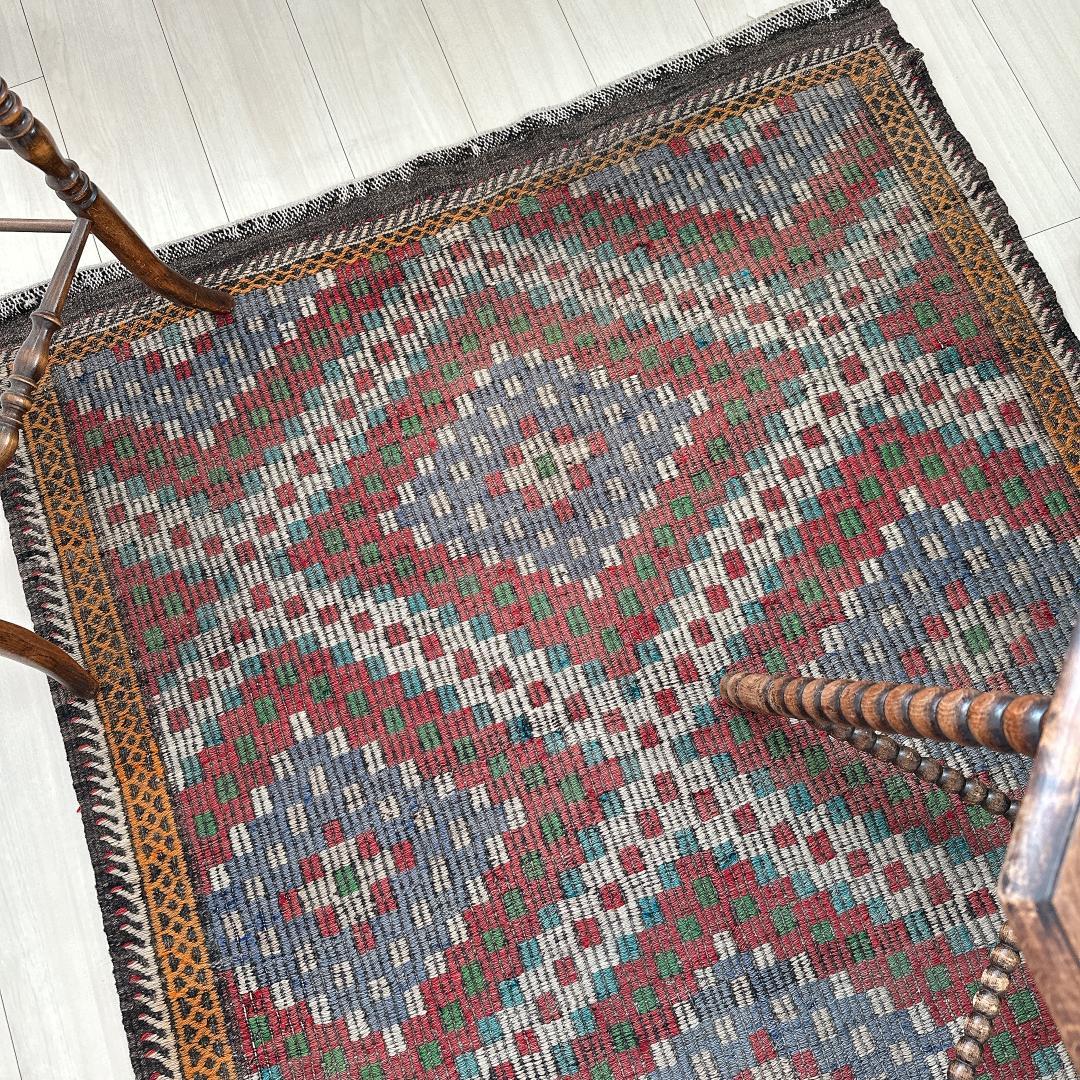 トルコ製ヴィンテージラグ940レア 大判 オールドキリム ジジム ブルー レッド
