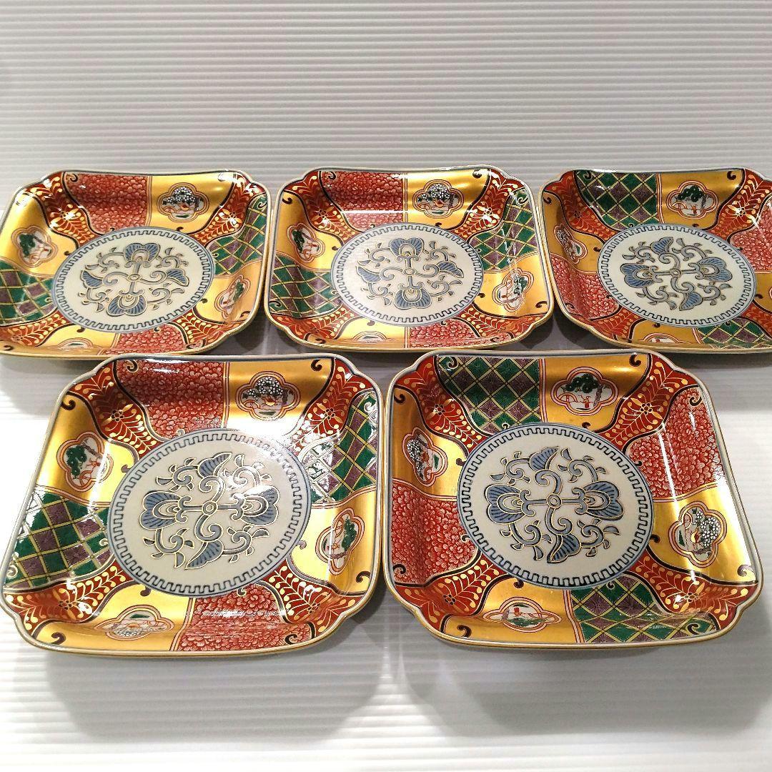 波佐見焼 林九郎窯 林九郎 古伊万里 金襴手 金彩 色絵 赤絵 間取 角皿 牡丹