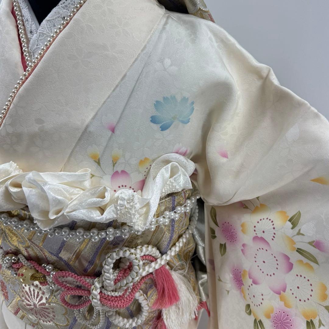 京都きもの友禅　豪華振袖8点フルセット　正絹 　成人式　お正月　パーティ　白地