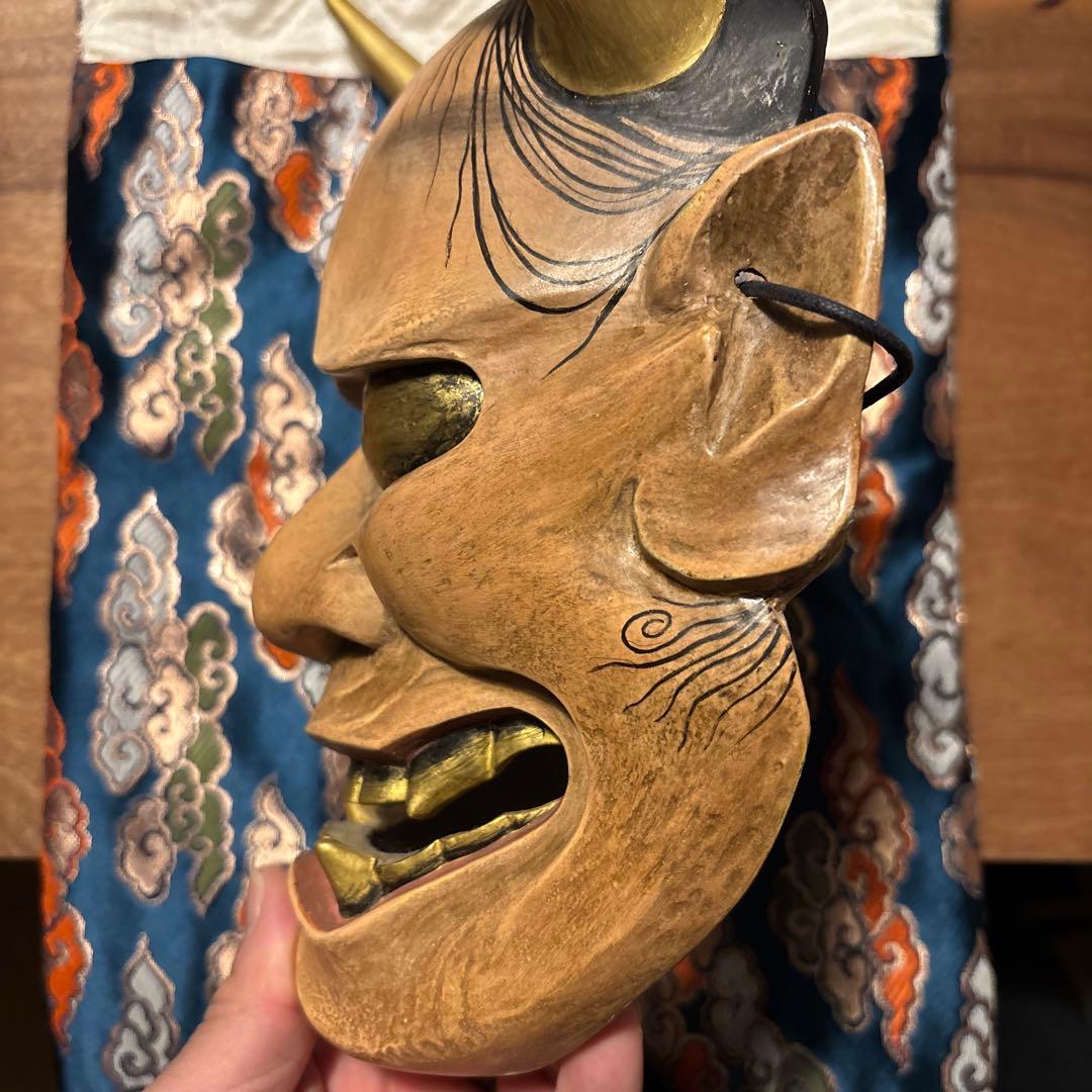 能面　木製 収納袋付き　手彫り　鬼　般若