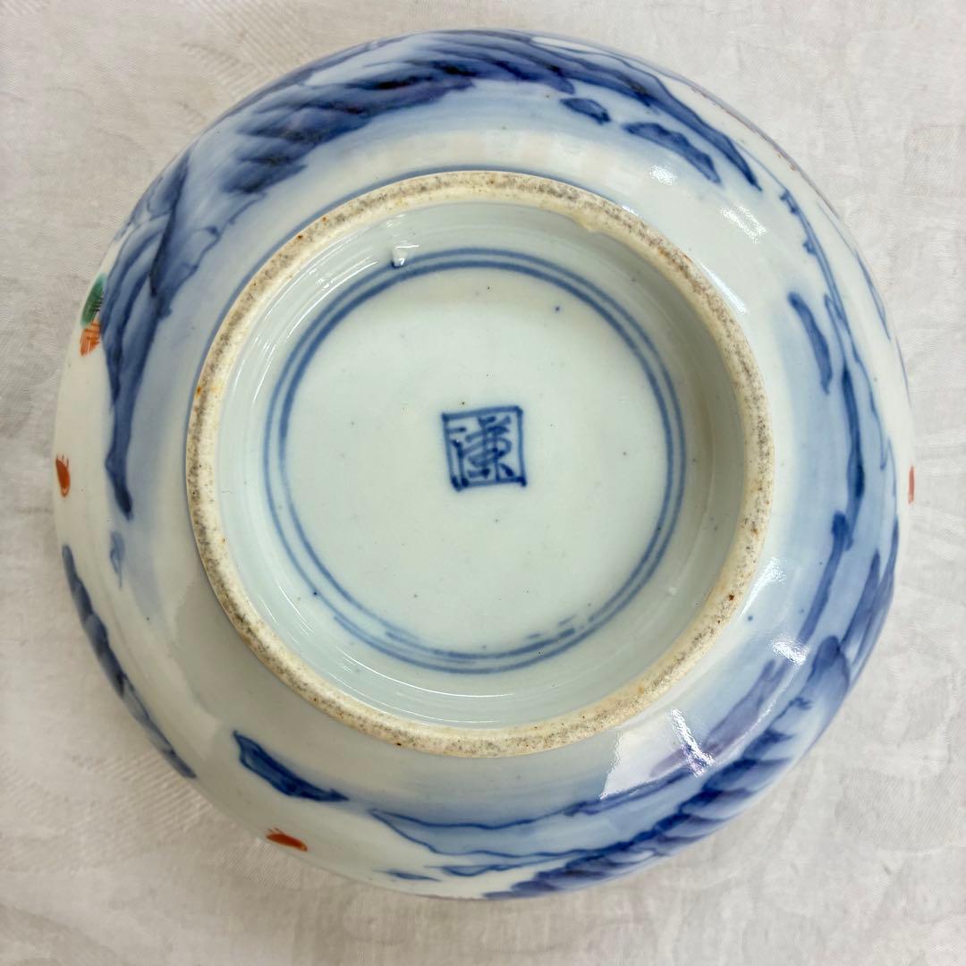 古伊万里 中鉢 赤絵 窓絵龍 山水 金彩 骨董品