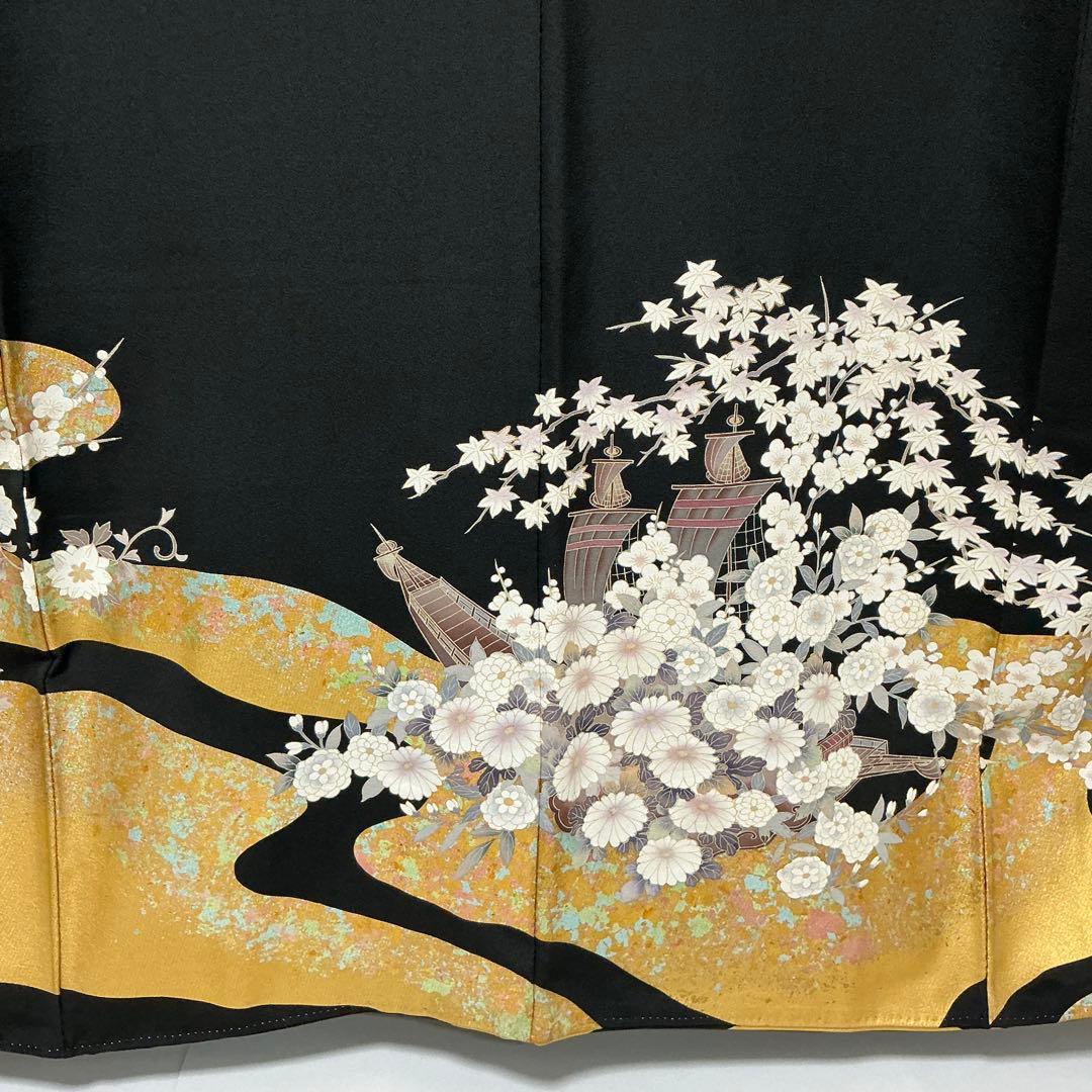 b195 正絹　黒留袖　比翼付　五つ紋　作家物落款　金銀箔　刺繍　着物