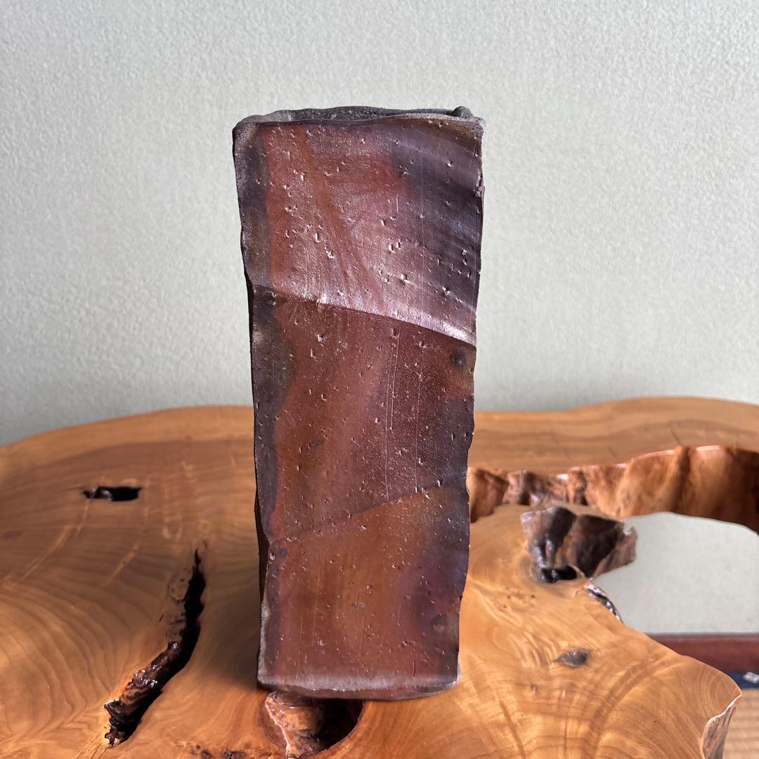 備前焼 松本頼明造 「備前窯変角花入」花生 花入 共箱 花瓶 高さ27cm