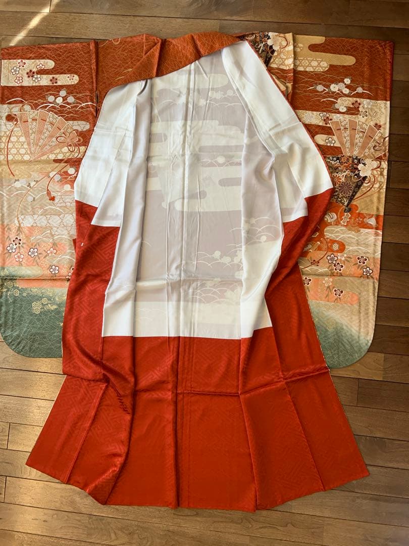 振袖 オレンジ 緑 花柄 帯、小物付き