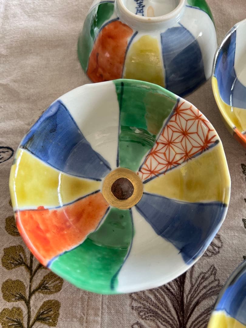 須田菁華　九谷焼 染錦 紙風船文鉢 向付 x 5客　共箱　布付
