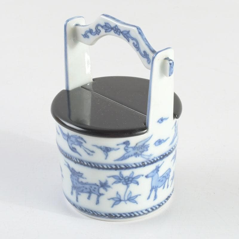 茶道具　平安和峰作　染付　花草神獣文　手桶茶入　共箱　V　9485