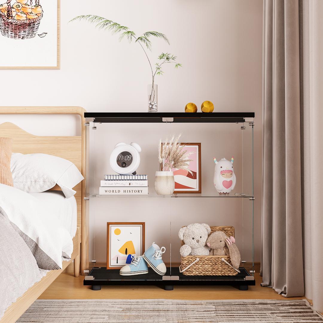 【新品】コレクションケース ガラス フィギュアケース 2段ワイド 棚 ブラック