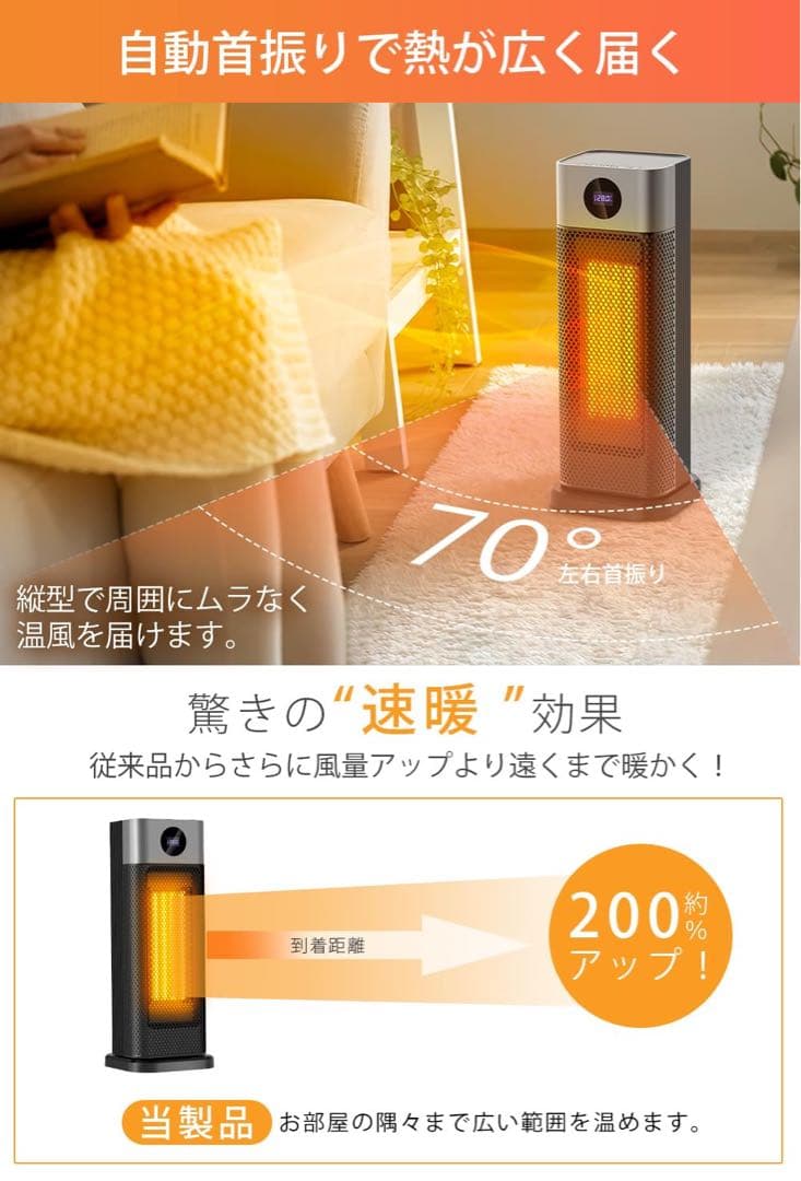 ♪ヒーター セラミックファンヒーター1200W 暖房器具 省エネ 首振り 足元