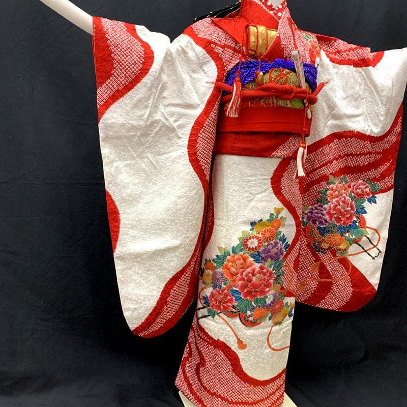 512ag35□七五三 七歳 女児 着物&袋帯 花車 絞染め 白赤□状態良好