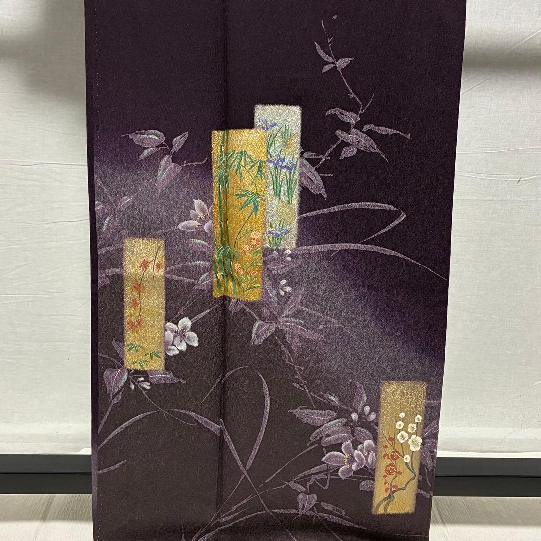 D22 訪問着 金彩 花模様 鶴 濃紫 正絹 着物 袷 極美品