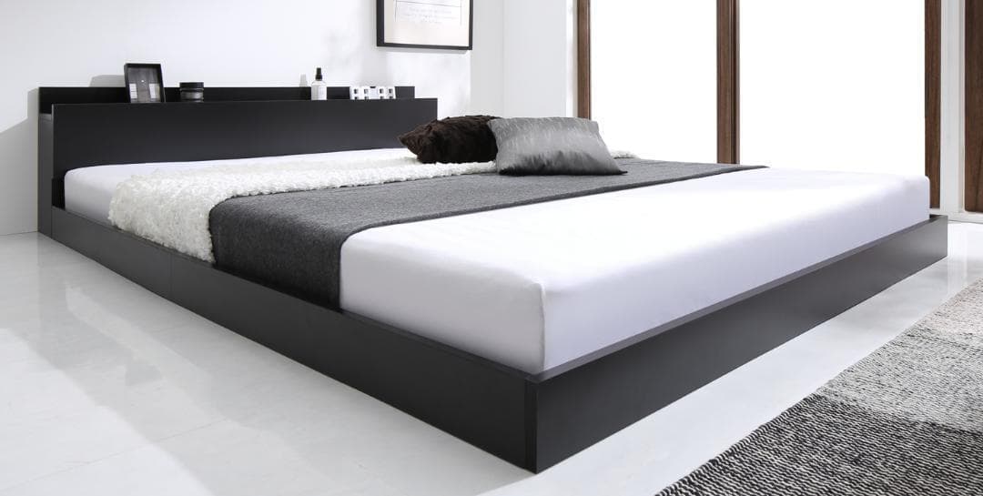 新品 送料込 ダブルベッド マットレス付 棚 コンセント付 ブラック