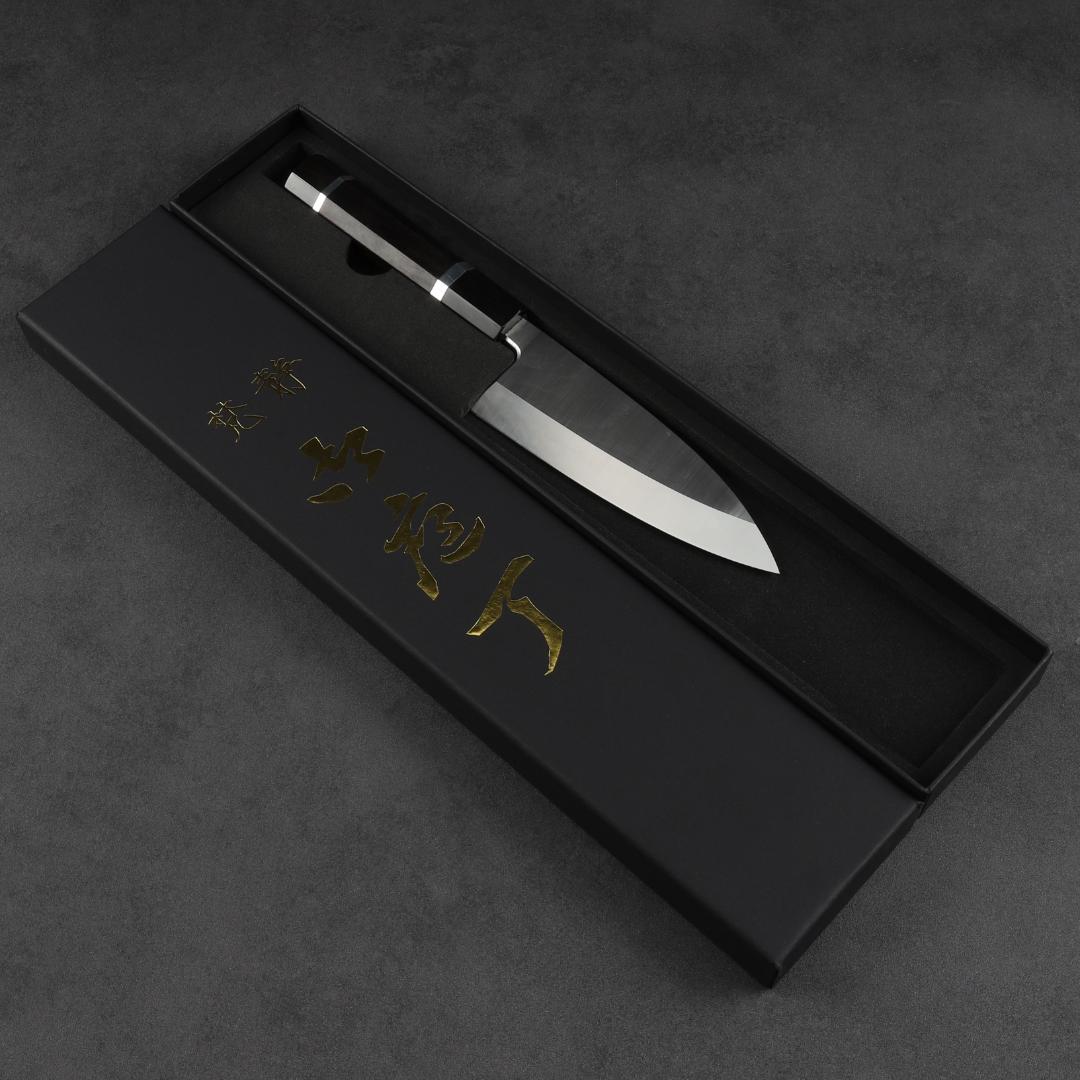 6943 出刃包丁 5寸 刺身包丁 本出刃 和包丁 黒檀黒水牛角二本銀巻八角柄
