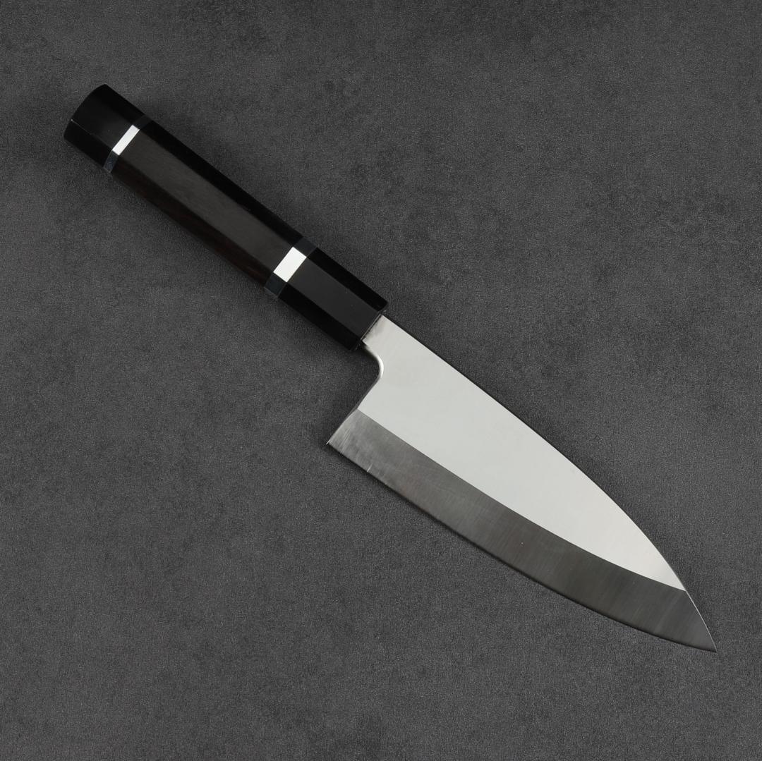 6943 出刃包丁 5寸 刺身包丁 本出刃 和包丁 黒檀黒水牛角二本銀巻八角柄