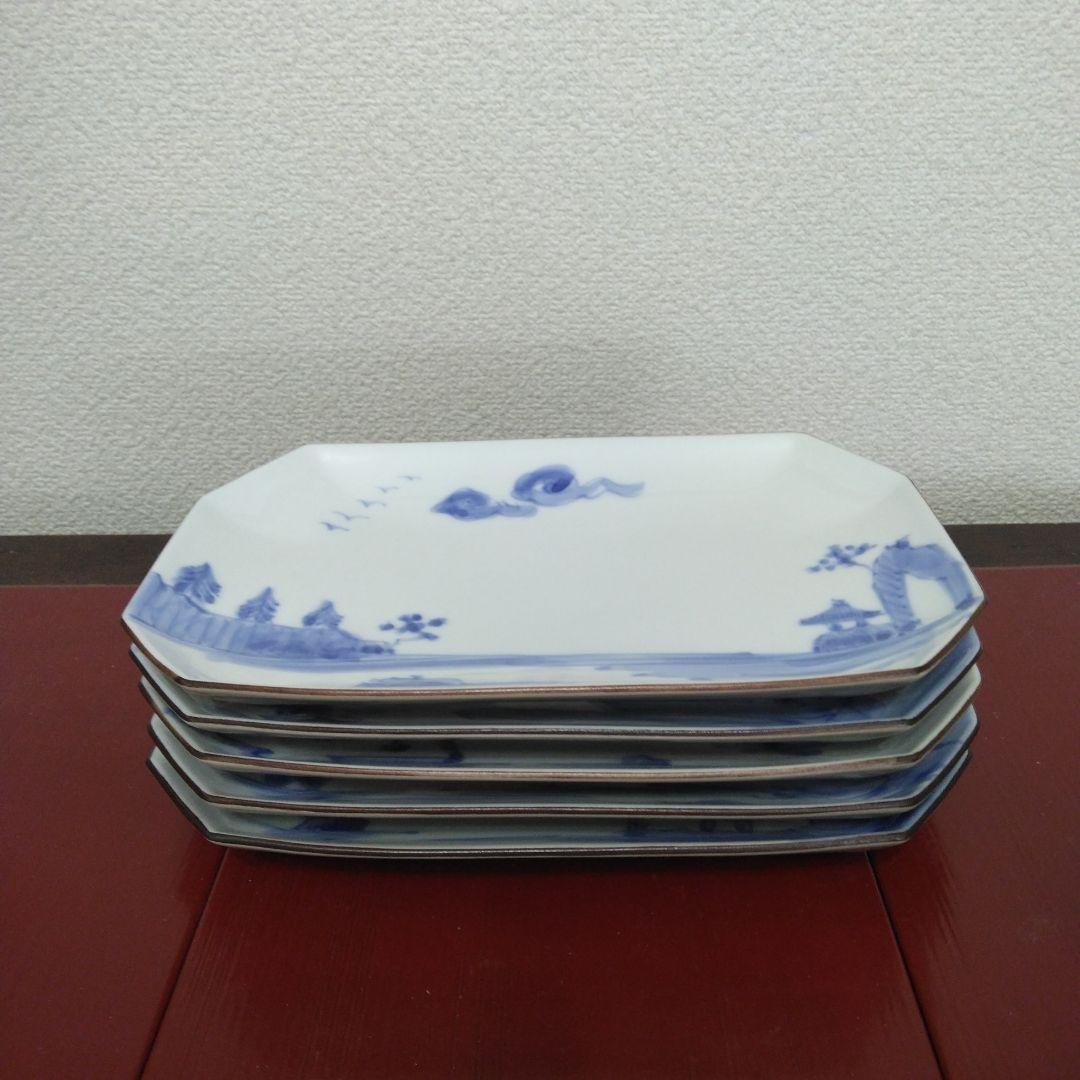 深川製磁　百年庵　染付山水　絵変わり　焼物皿　長角皿　5枚組