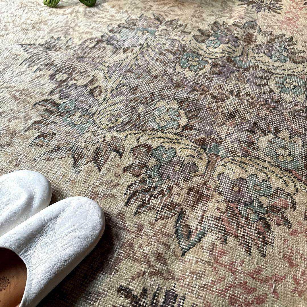 超大判169×274レアくすみラベンダー×クリーム　トルコヴィンテージラグ