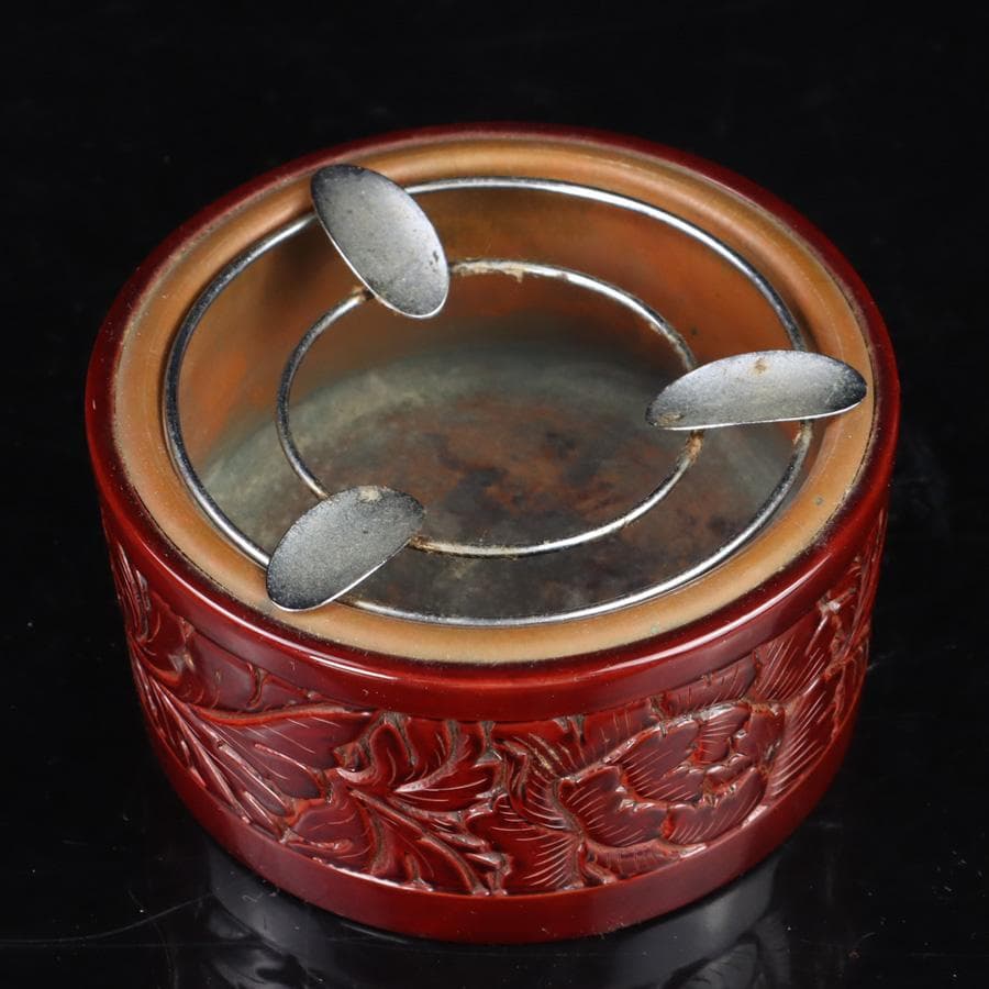 Y3272-5 彫師 渡辺明泉 朱塗 山水文 煙草盆組揃 共箱　　MM