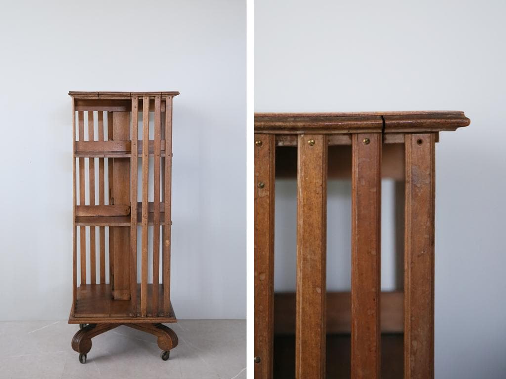 英国アンティーク回転式ブックシェルフ/木製本棚/飾り棚/花台/食器棚(90-37