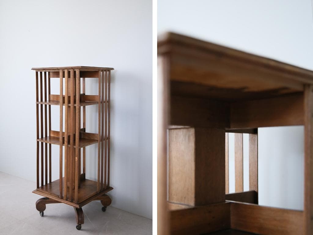 英国アンティーク回転式ブックシェルフ/木製本棚/飾り棚/花台/食器棚(90-37