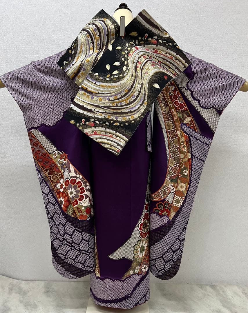 振り袖　フルセット　長襦袢　成人式　金彩加工　絞り　熨斗目　長尺袋帯　734