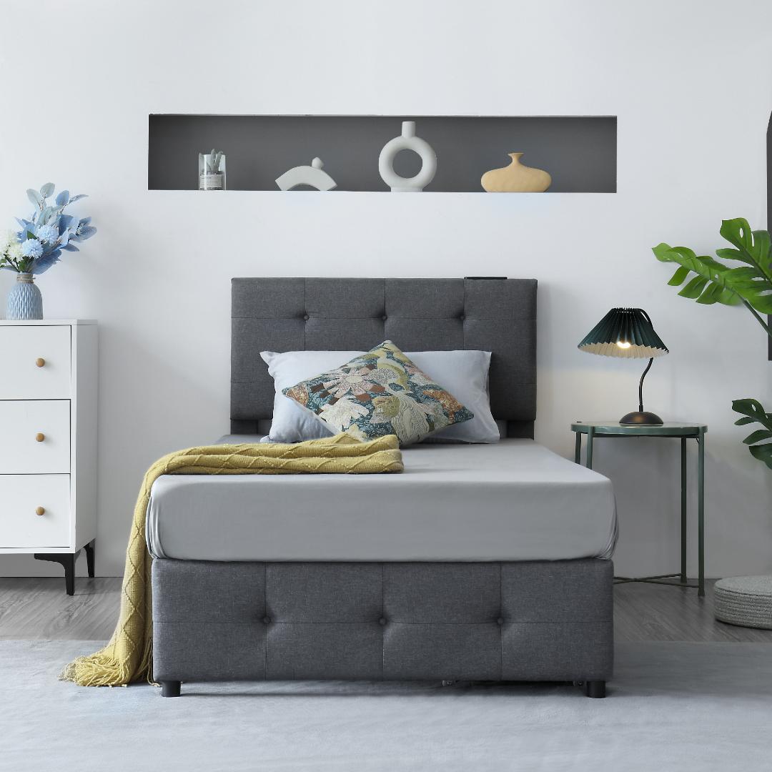 【新品】ダークグレー Sシングルベッド 布貼り 引き出し付き 北欧風