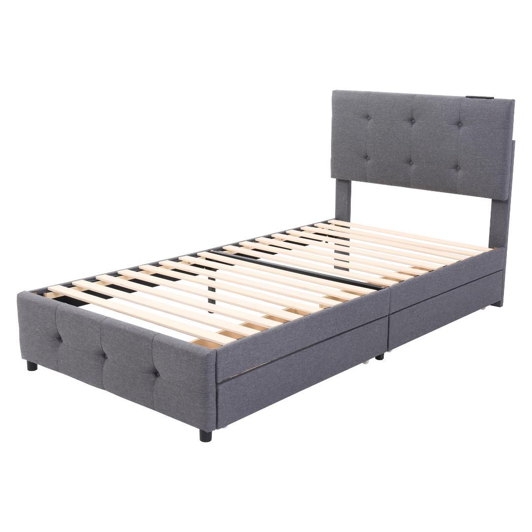 【新品】ダークグレー Sシングルベッド 布貼り 引き出し付き 北欧風